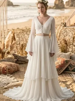 Two-piece Wedding Dress Chiffon Designed Neckline A-Line With Train Long Sleeves Long