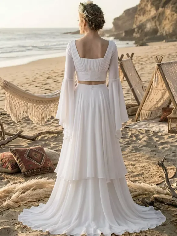 Two-piece Wedding Dress Chiffon Designed Neckline A-Line With Train Long Sleeves Long