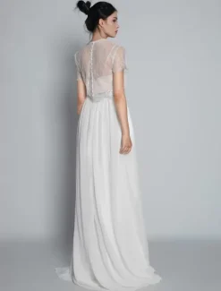 Two-piece wedding dress Chiffon Jewel Neck Two-piece With Train Wedding Dress Functional Buttons Short Sleeves