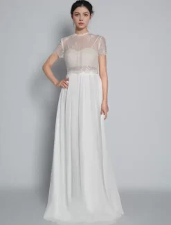 Two-piece wedding dress Chiffon Jewel Neck Two-piece With Train Wedding Dress Functional Buttons Short Sleeves