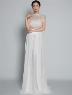 Two-piece wedding dress Chiffon Jewel Neck Two-piece With Train Wedding Dress Functional Buttons Short Sleeves