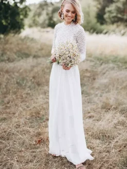 Two-piece wedding dress Chiffon Jewel Neck A-Line Sweep Backless Long Sleeves