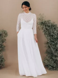Two-piece wedding dress Chiffon Jewel Neck A-Line Sweep Backless Long Sleeves