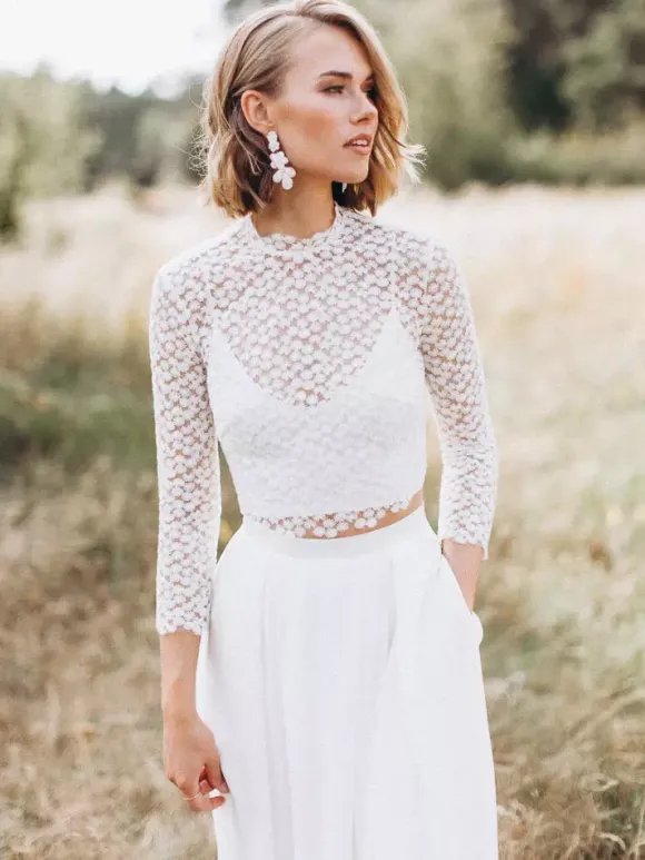 Two-piece wedding dress Chiffon Jewel Neck A-Line Sweep Backless Long Sleeves