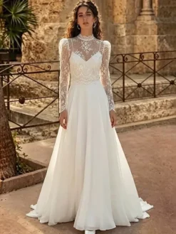 Two-piece Wedding Dress Lace Chiffon Jewel Neck A-Line With Train Wedding Dress Buttons Long Sleeves Long