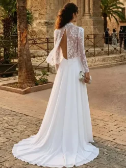 Two-piece Wedding Dress Lace Chiffon Jewel Neck A-Line With Train Wedding Dress Buttons Long Sleeves Long