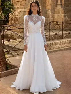 Two-piece Wedding Dress Lace Chiffon Jewel Neck A-Line With Train Wedding Dress Buttons Long Sleeves Long