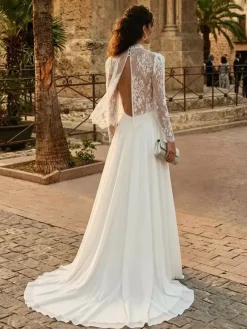 Two-piece Wedding Dress Lace Chiffon Jewel Neck A-Line With Train Wedding Dress Buttons Long Sleeves Long