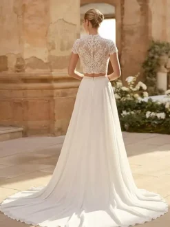 Two-piece Wedding Dress Lace Illusion Neckline Two-piece With Train Wedding Dress Functional Buttons Short Sleeves Long