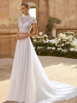 Two-piece Wedding Dress Lace Illusion Neckline Two-piece With Train Wedding Dress Functional Buttons Short Sleeves Long