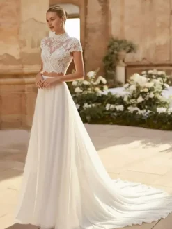Two-piece Wedding Dress Lace Illusion Neckline Two-piece With Train Wedding Dress Functional Buttons Short Sleeves Long