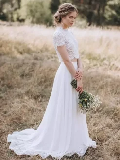 Two-piece Wedding Dress Lace Jewel Neck Two-piece With Train Wedding Dress Functional Buttons Short Sleeves Long