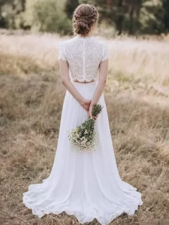 Two-piece Wedding Dress Lace Jewel Neck Two-piece With Train Wedding Dress Functional Buttons Short Sleeves Long
