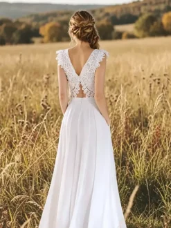 Two-piece Wedding Dress Lace V-Neck Two-piece Floor-Length Zipper Sleeveless Floor Length