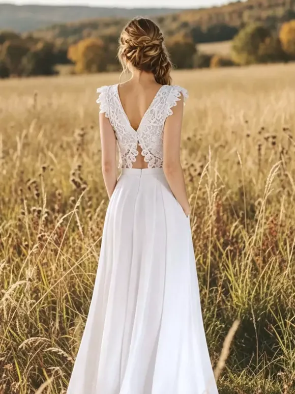Two-piece Wedding Dress Lace V-Neck Two-piece Floor-Length Zipper Sleeveless Floor Length