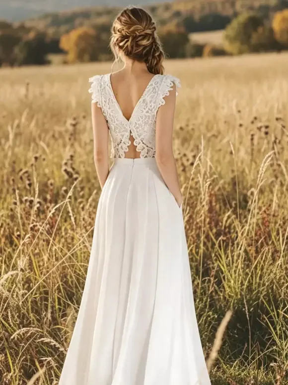 Two-piece Wedding Dress Lace V-Neck Two-piece Floor-Length Zipper Sleeveless Floor Length