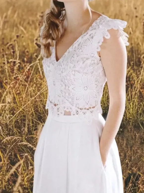 Two-piece Wedding Dress Lace V-Neck Two-piece Floor-Length Zipper Sleeveless Floor Length
