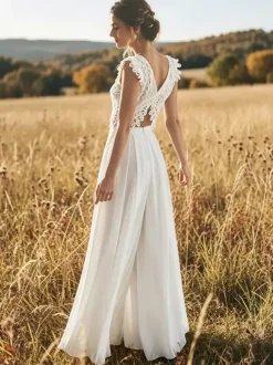 Two-piece Wedding Dress Lace V-Neck Two-piece Floor-Length Zipper Sleeveless Floor Length