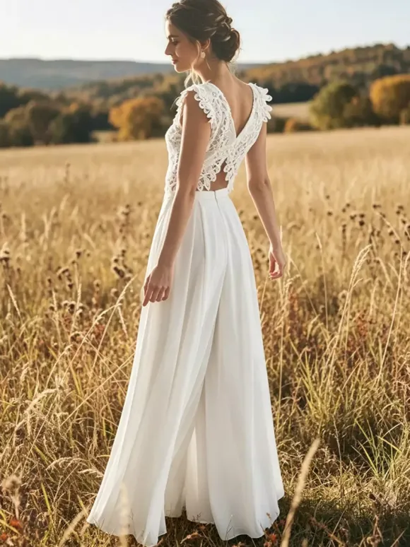 Two-piece Wedding Dress Lace V-Neck Two-piece Floor-Length Zipper Sleeveless Floor Length