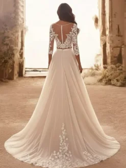 Two-piece Wedding Dress Lace Wedding Dress Tulle V-Neck Two-piece With Train Zipper 3/4 Length Sleeves Long