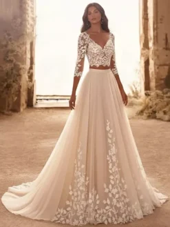 Two-piece Wedding Dress Lace Wedding Dress Tulle V-Neck Two-piece With Train Zipper 3/4 Length Sleeves Long