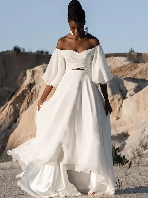 Two-piece wedding dress Polyester Sweetheart Neck A-Line Tea-Length Backless Long Sleeves