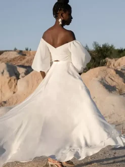 Two-piece wedding dress Polyester Sweetheart Neck A-Line Tea-Length Backless Long Sleeves