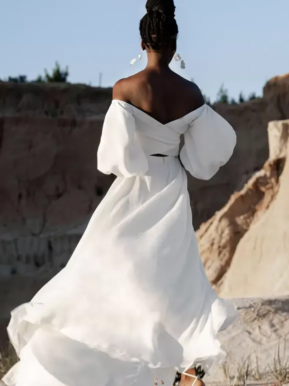 Two-piece wedding dress Polyester Sweetheart Neck A-Line Tea-Length Backless Long Sleeves
