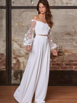 Two-piece wedding dress Polyester Bateau Neck Two-piece Floor-Length Wedding Dress Functional Buttons Long Sleeves Long