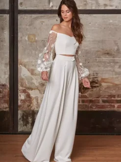 Two-piece wedding dress Polyester Bateau Neck Two-piece Floor-Length Wedding Dress Functional Buttons Long Sleeves Long