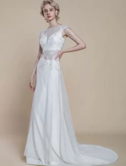 Two-piece wedding dress Polyester Illusion Neckline Sheath With Train Zipper Short Sleeves Long