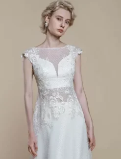 Two-piece wedding dress Polyester Illusion Neckline Sheath With Train Zipper Short Sleeves Long