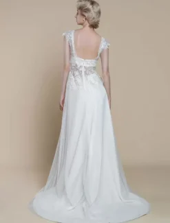 Two-piece wedding dress Polyester Illusion Neckline Sheath With Train Zipper Short Sleeves Long