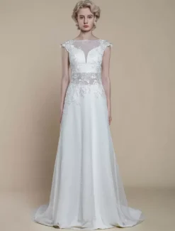 Two-piece wedding dress Polyester Illusion Neckline Sheath With Train Zipper Short Sleeves Long