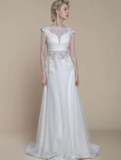 Two-piece wedding dress Polyester Illusion Neckline Sheath With Train Zipper Short Sleeves Long