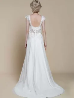 Two-piece wedding dress Polyester Illusion Neckline Sheath With Train Zipper Short Sleeves Long