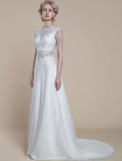 Two-piece wedding dress Polyester Illusion Neckline Sheath With Train Zipper Short Sleeves Long