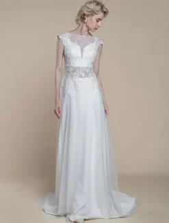 Two-piece wedding dress Polyester Illusion Neckline Sheath With Train Zipper Short Sleeves Long