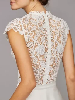 Two-piece wedding dress Satin Fabric High Collar A-Line Tea-Length Zipper Short Sleeves