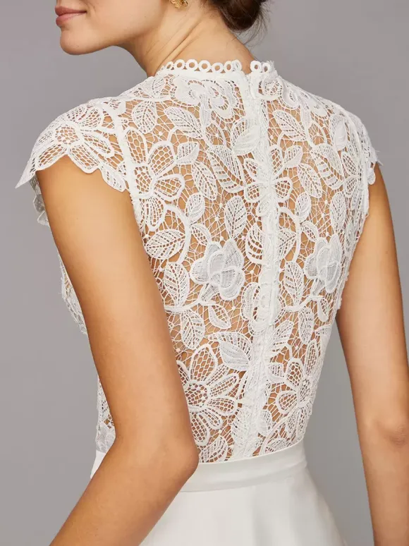 Two-piece wedding dress Satin Fabric High Collar A-Line Tea-Length Zipper Short Sleeves