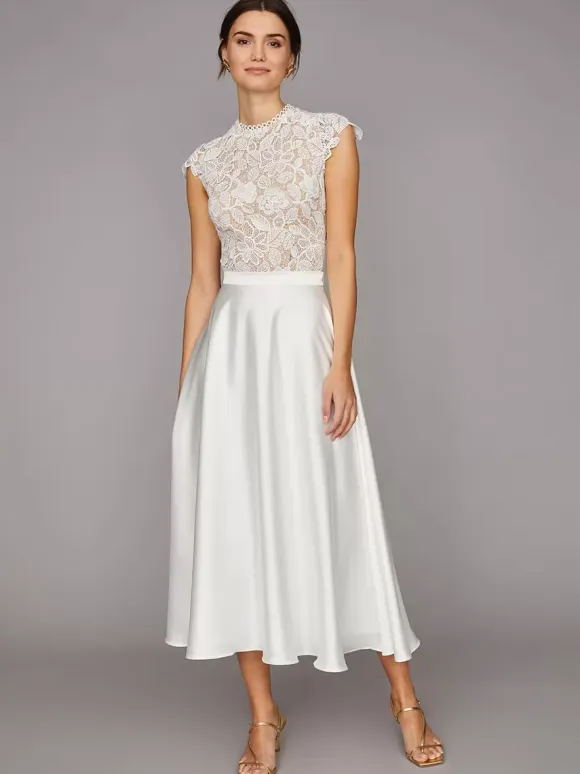 Two-piece wedding dress Satin Fabric High Collar A-Line Tea-Length Zipper Short Sleeves