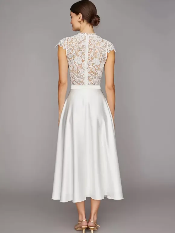 Two-piece wedding dress Satin Fabric High Collar A-Line Tea-Length Zipper Short Sleeves