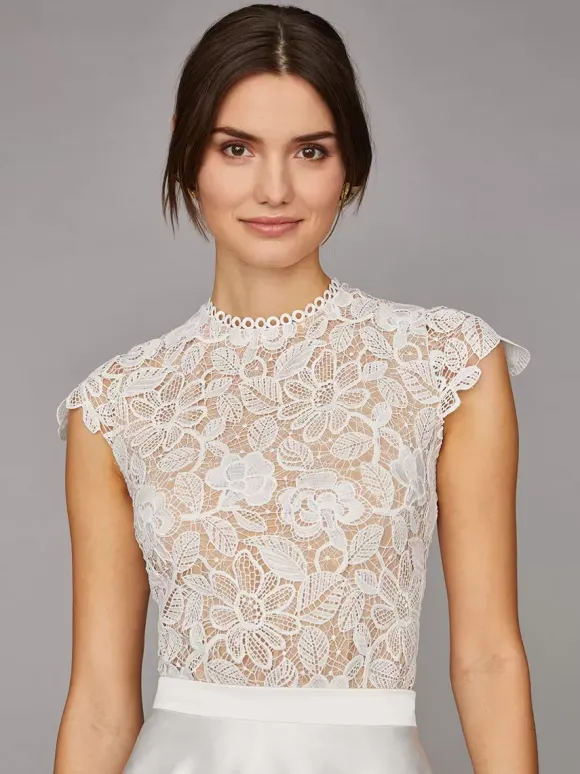 Two-piece wedding dress Satin Fabric High Collar A-Line Tea-Length Zipper Short Sleeves