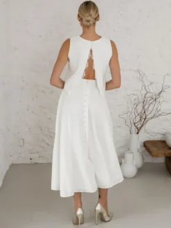 Two-piece wedding dress Satin Fabric Jewel Neck Two-piece Tea-Length Backless Sleeveless