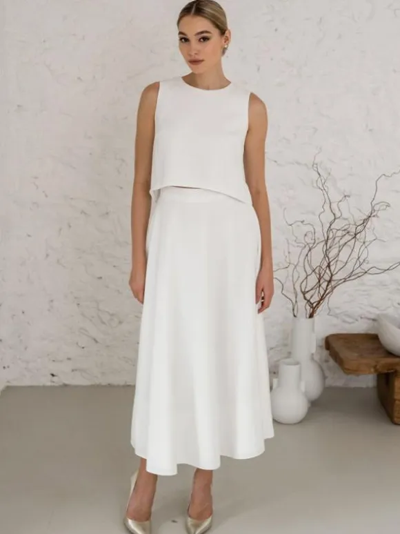 Two-piece wedding dress Satin Fabric Jewel Neck Two-piece Tea-Length Backless Sleeveless