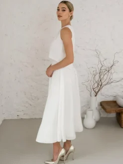 Two-piece wedding dress Satin Fabric Jewel Neck Two-piece Tea-Length Backless Sleeveless