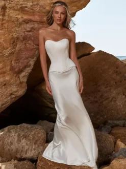 Two-piece wedding dress Satin Fabric Sweetheart Neck Sheath With Train Strapless Lace-up Sleeveless Long