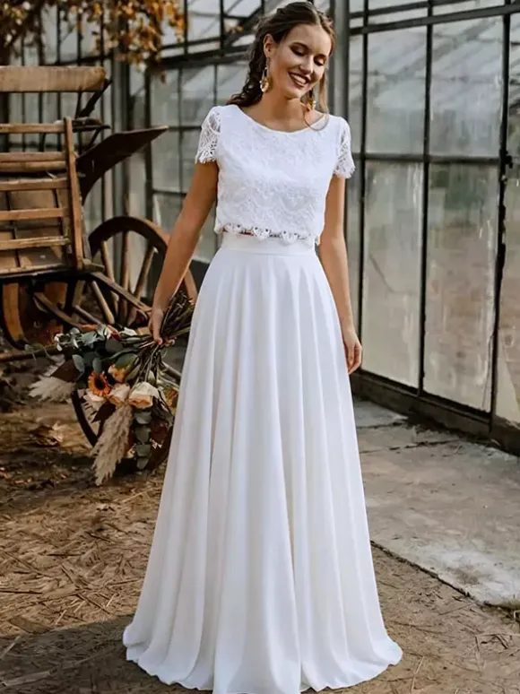 Two-piece Wedding Dress Stretch Crepe Jewel Neck Floor-Length Zipper Short Sleeves Floor Length
