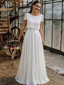 Two-piece Wedding Dress Stretch Crepe Jewel Neck Floor-Length Zipper Short Sleeves Floor Length