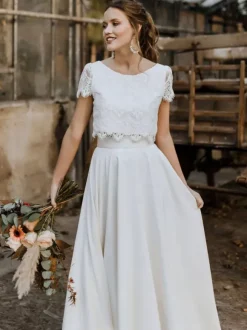 Two-piece Wedding Dress Stretch Crepe Jewel Neck Floor-Length Zipper Short Sleeves Floor Length